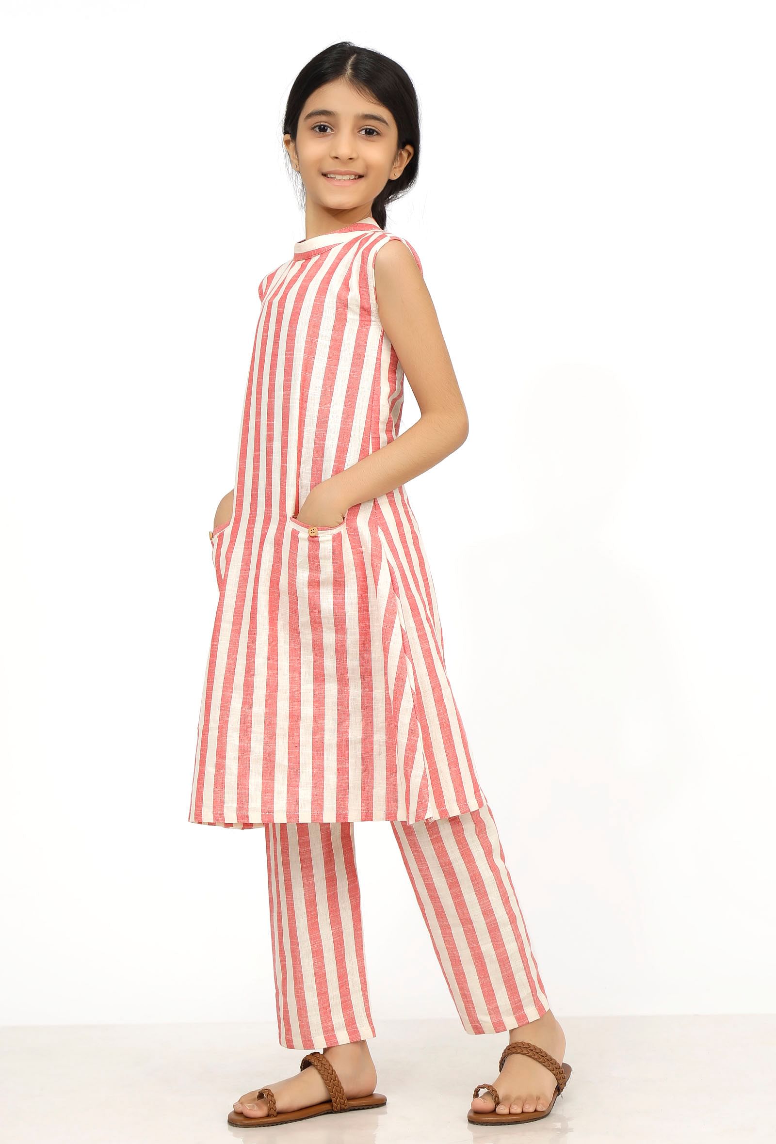 Set of 2: Scarlet Red Stripes Cotton Kurti with Pants
