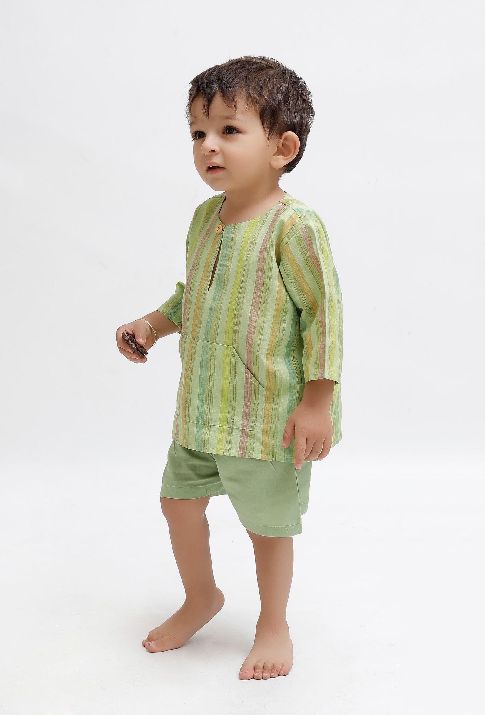 Set Of 2: Green Striped Shirt and Green shorts