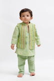 Set Of 3:  Green Dobby Kurta and Green Pant with Green Striped Nehru Jacket