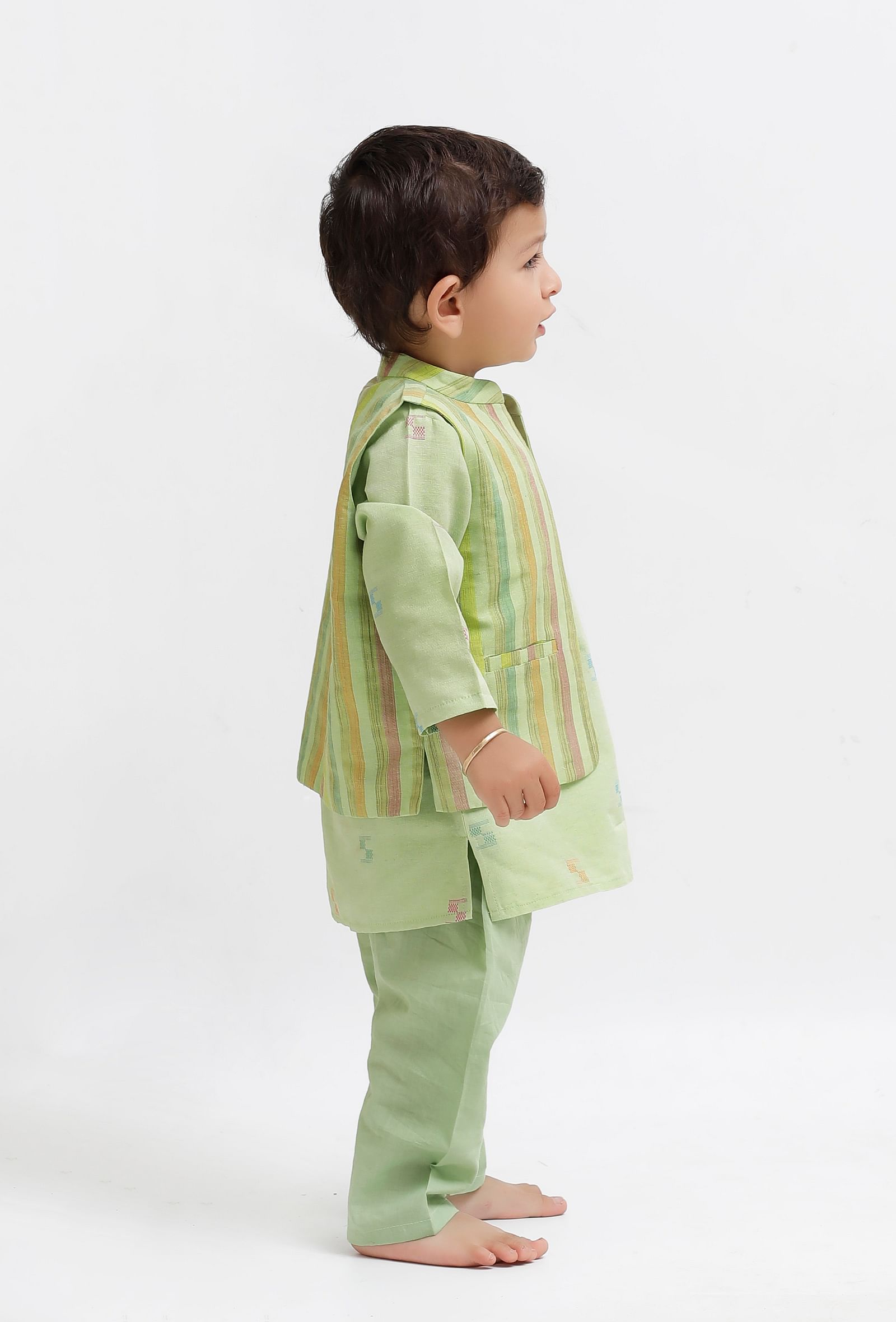 Set Of 3:  Green Dobby Kurta and Green Pant with Green Striped Nehru Jacket