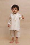 Beige polka dots floral printed cotton shirt and capri set of 2 for boys by Tjori