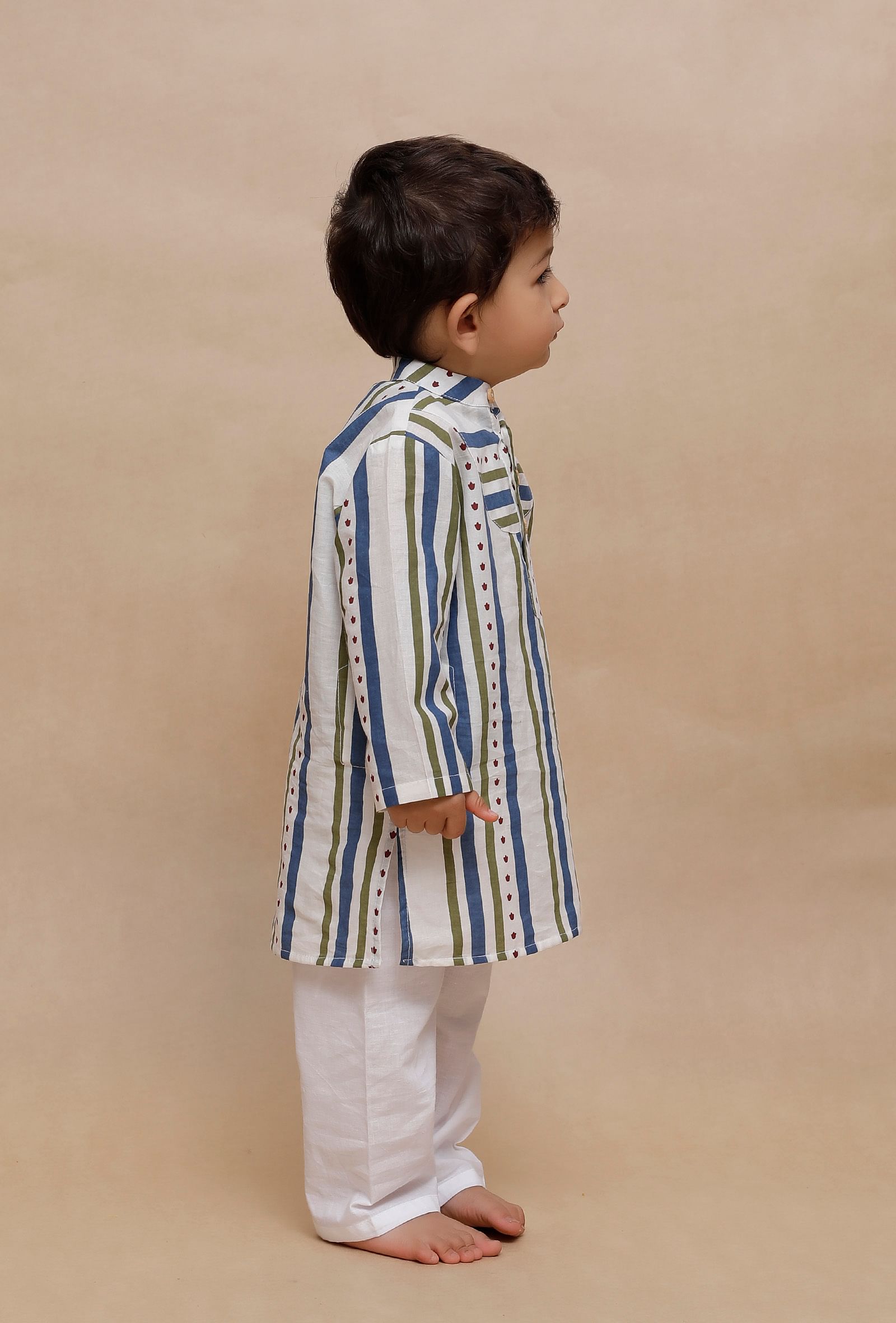 Set of 2: Off-White Multi Color Striped Kurta with off-white Pant