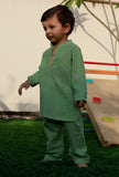 Set Of 2: Leafy Green Cotton Kurta And Green Pyjama