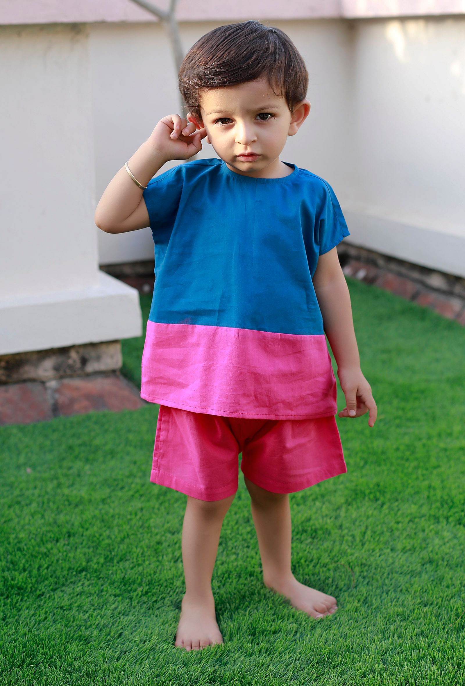 Set Of 2: Cotton Candy Blue And Pink Cotton Shirt With Pink Short