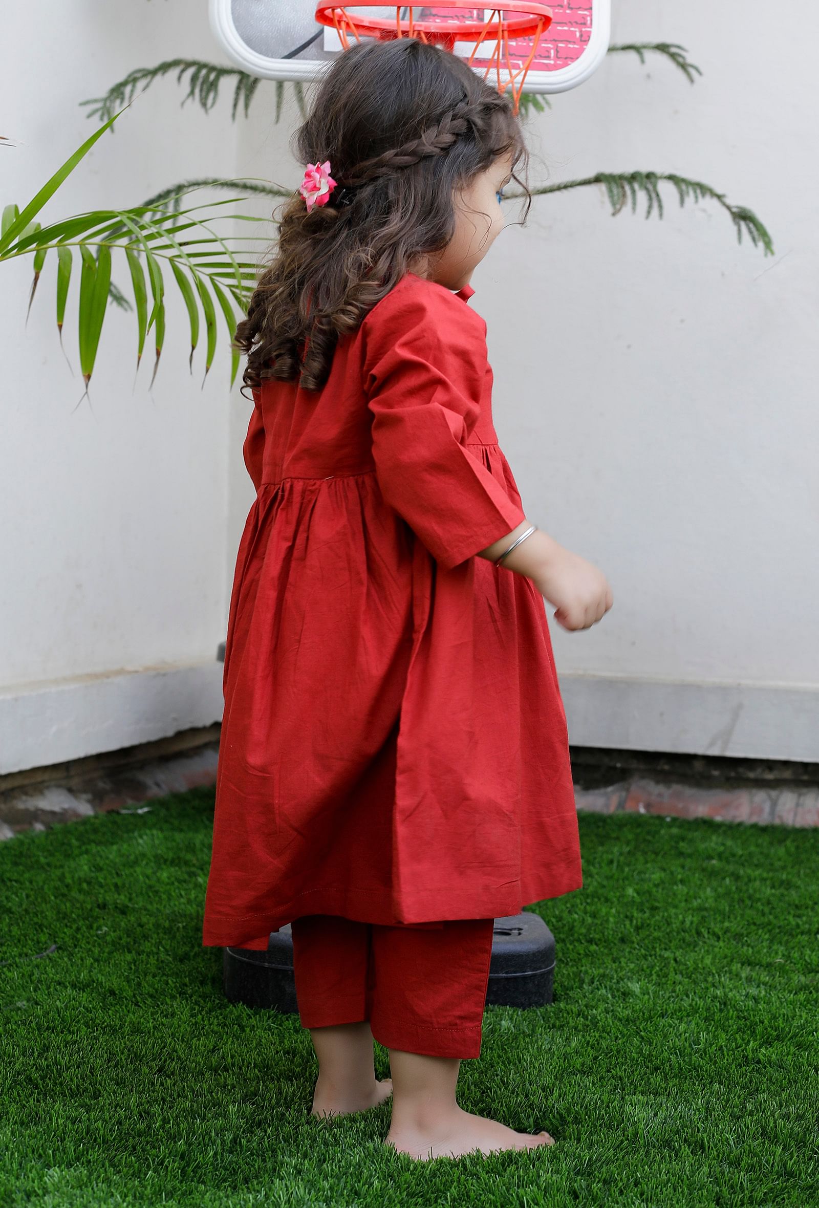 Set Of 2: Scarlet Red Cotton Kurta And Red Pant