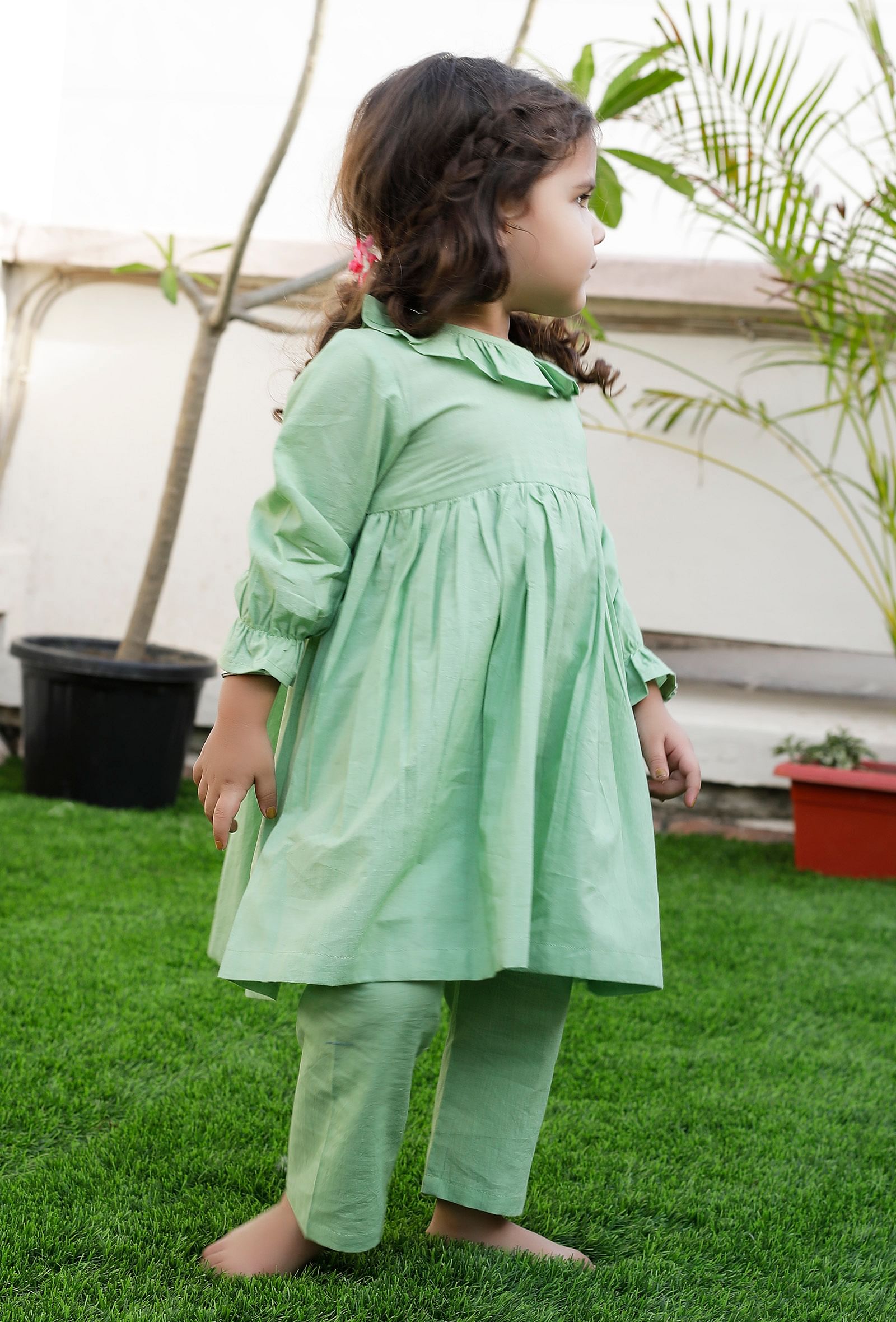 Set Of 2: Oly Green Cotton Shirt And Green Pant