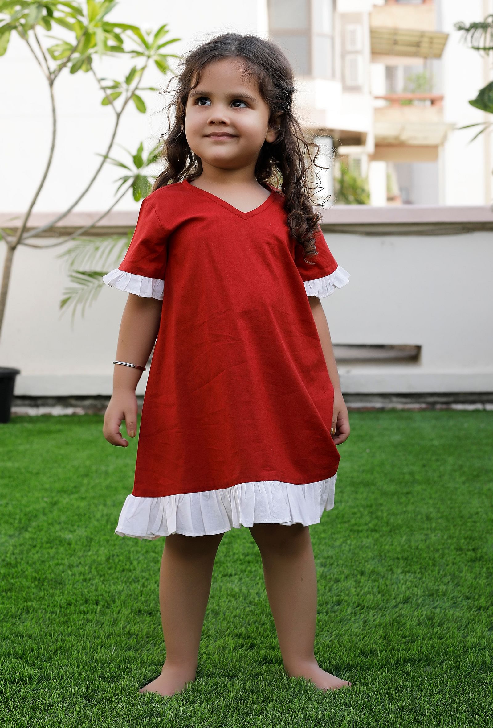 Snow Red And Off White Cotton Dress