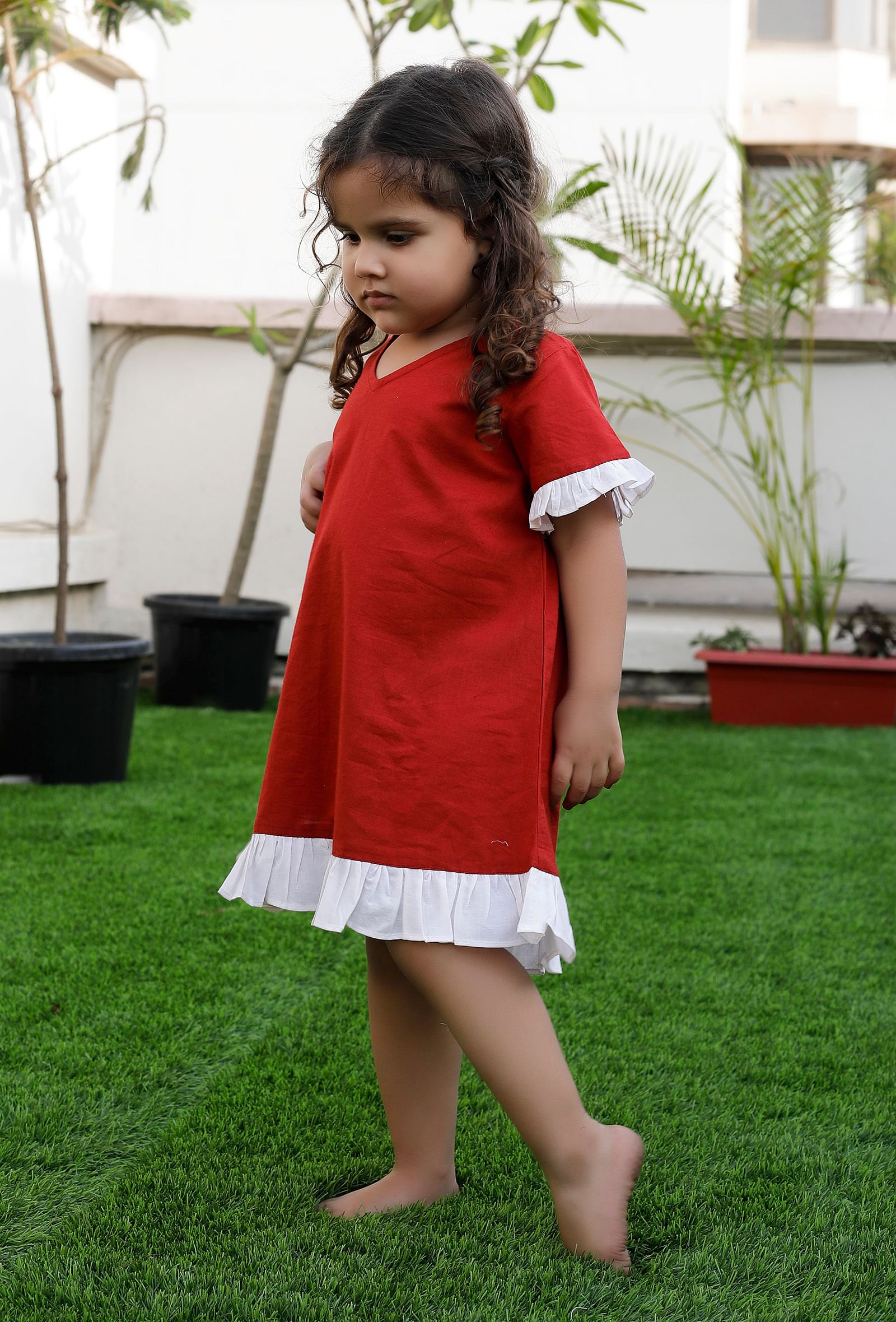 Snow Red And Off White Cotton Dress
