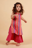 Set of 2: Pink Multicolor Stripe Sleeveless Kurta And Woven Pallazo Pants