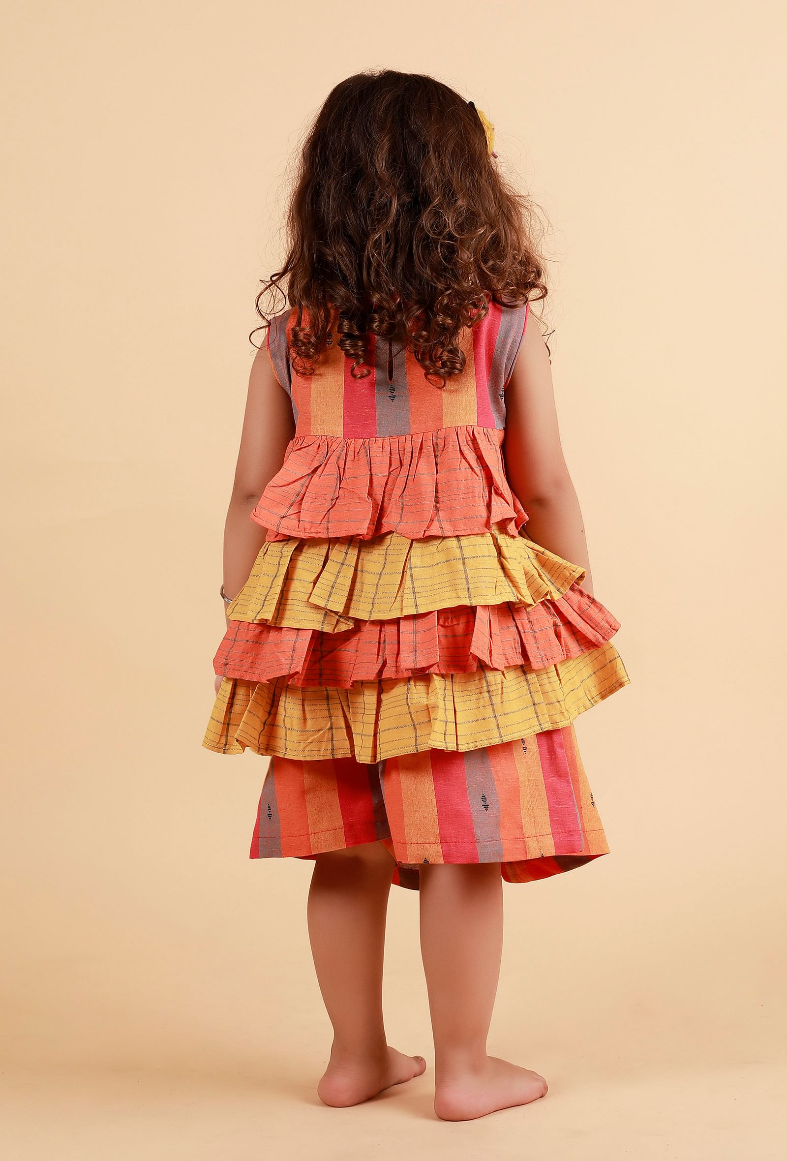 Set of 2:orange Stripe Top With Orange And Multicolor Stripe Skirt