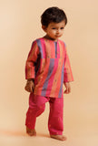 Set Of 2: Pink Striped Kurta Paired With Pink Buti Woven Pant