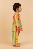 Set Of 2: Yellow Striped Woven Kurta With Striped Woven Pant