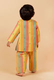 Set Of 2: Yellow Striped Woven Kurta With Striped Woven Pant