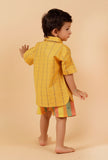 Set Of 2: Yellow Woven Shirt With Yellow Striped Woven Short