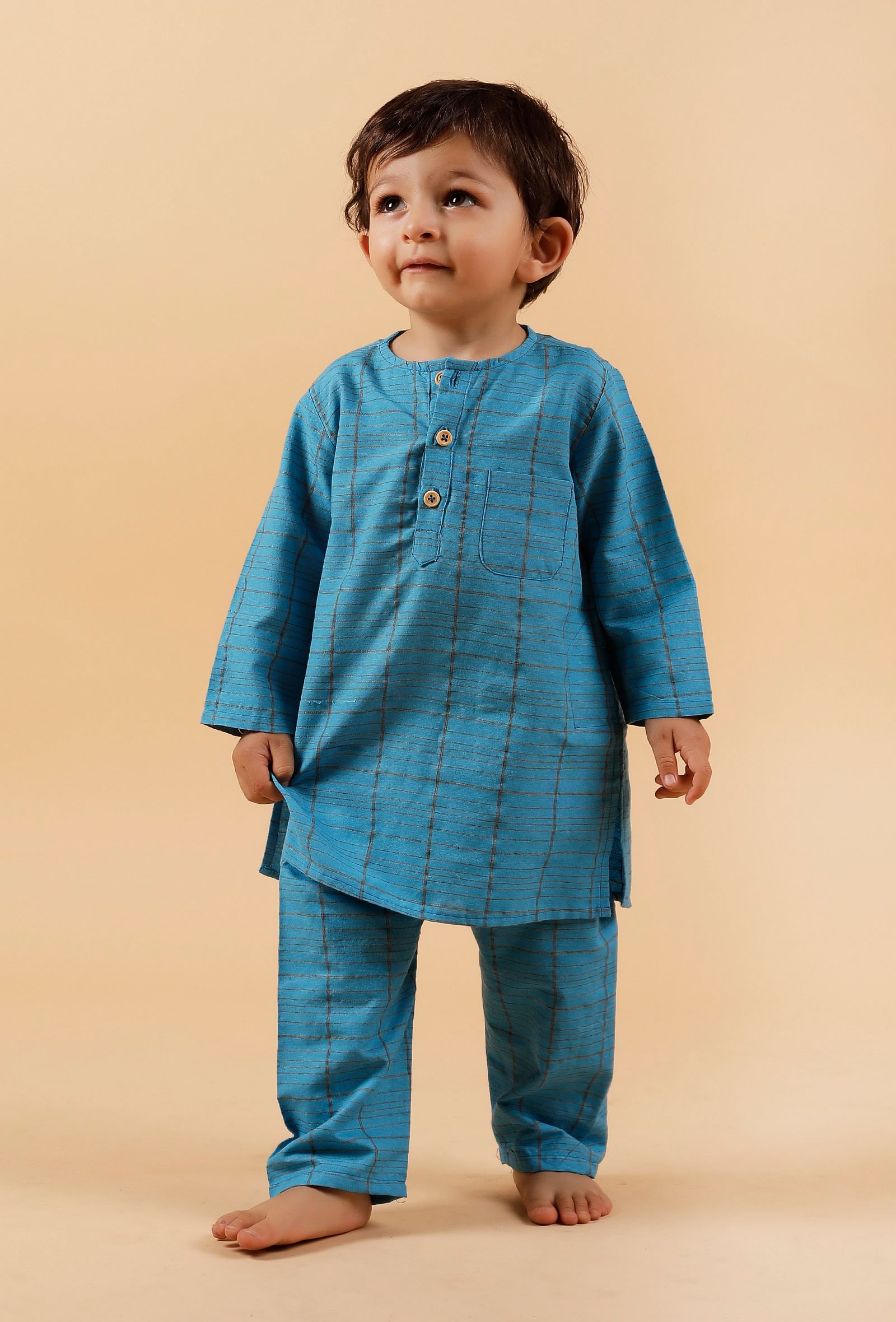 Set of 2: Blue Checked Kurta With Blue Checked Woven Pant