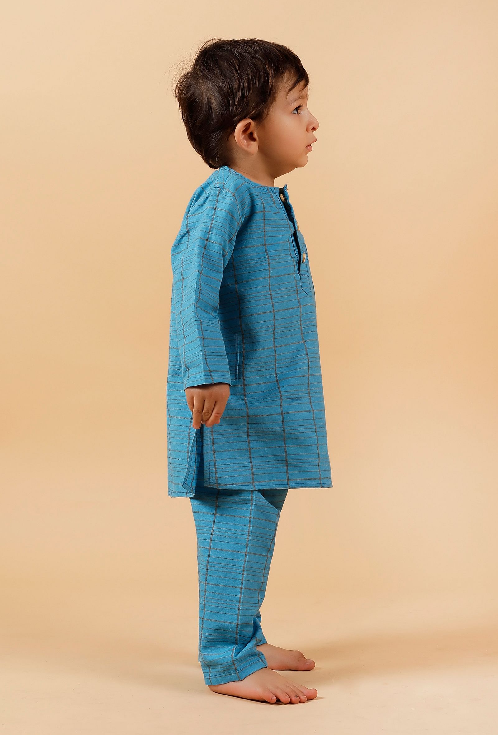Set of 2: Blue Checked Kurta With Blue Checked Woven Pant