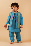 Set of 3: Blue Checked Full Sleeves Kurta With Woven Pant And Nehru Jacket
