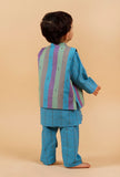 Set of 3: Blue Checked Full Sleeves Kurta With Woven Pant And Nehru Jacket