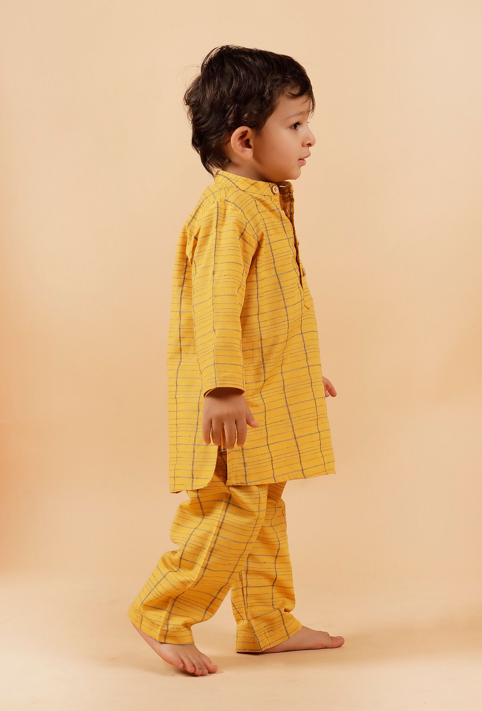 Set of 2: Yellow Checked  Kurta With Yellow Checked Woven Pant