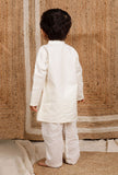 Set Of 3: Off White Cotton Silk Kurta, Pyjama & Golden Brocade Nehru Jacket