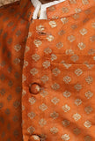 Set Of 3: Off White Cotton Silk Kurta, Pyjama & Orange Brocade Nehru Jacket
