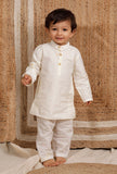 Set Of 3: Off White Cotton Silk Kurta, Pyjama & White Cream Brocade Nehru Jacket