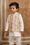 Set Of 3: Off White Cotton Silk Kurta, Pyjama & Peach Brocade Nehru Jacket