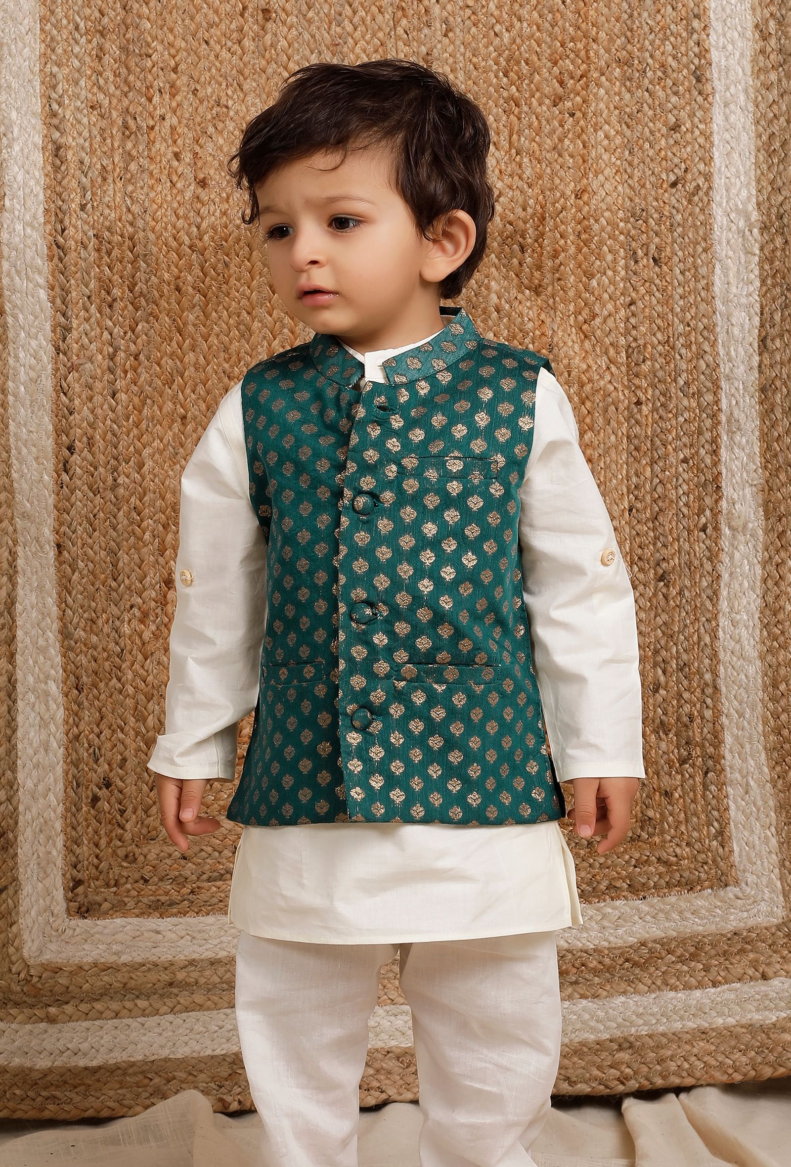 Set Of 3: Off White Cotton Silk Kurta, Pyjama & Emerald Green Brocade Nehru Jacket