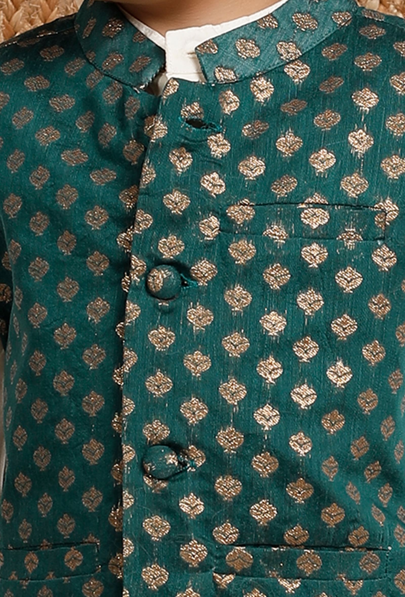 Set Of 3: Off White Cotton Silk Kurta, Pyjama & Emerald Green Brocade Nehru Jacket