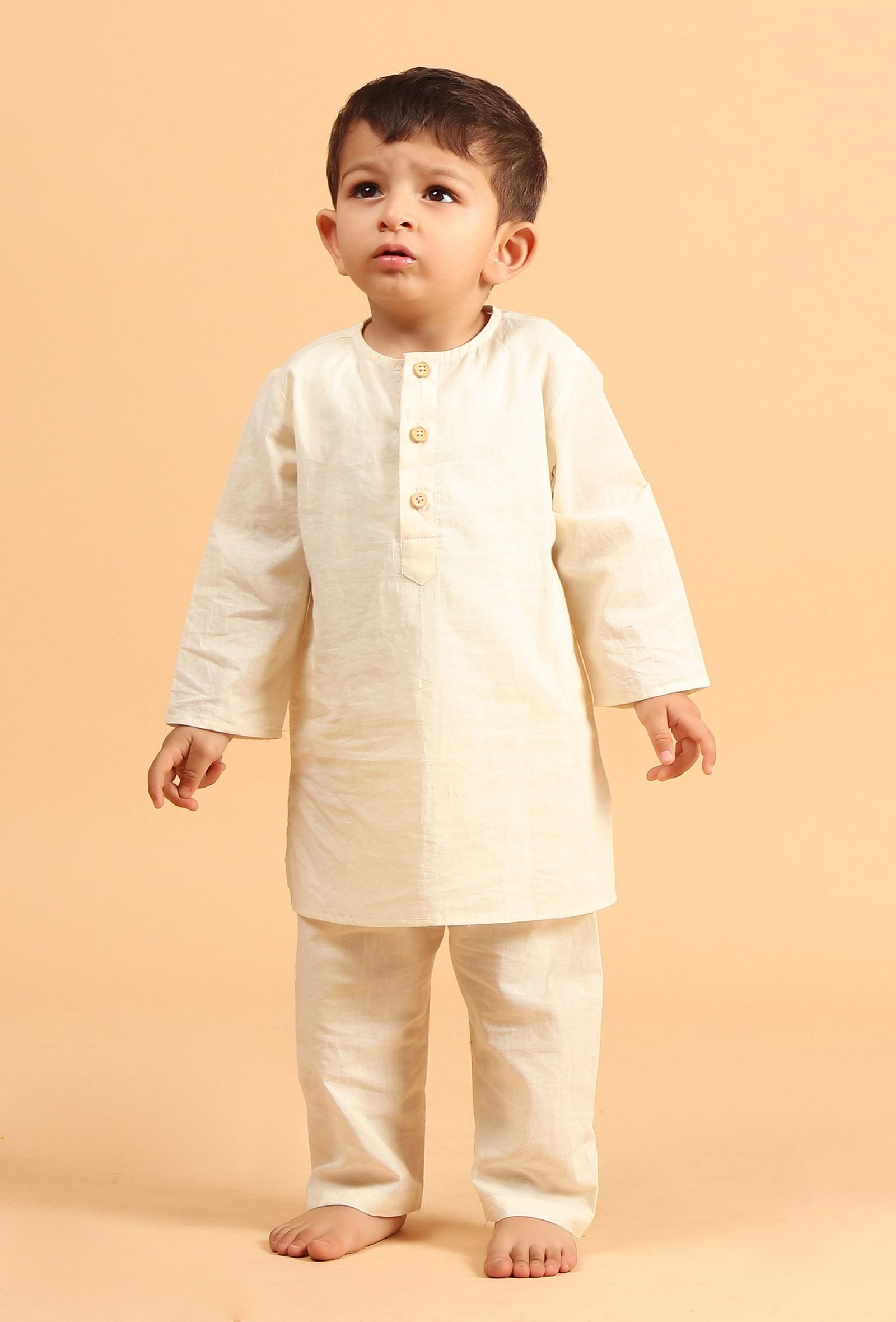 Set Of 3: Neil Off White Cotton Kurta, Pyjama & Khaki Ajrakh Print Jacket