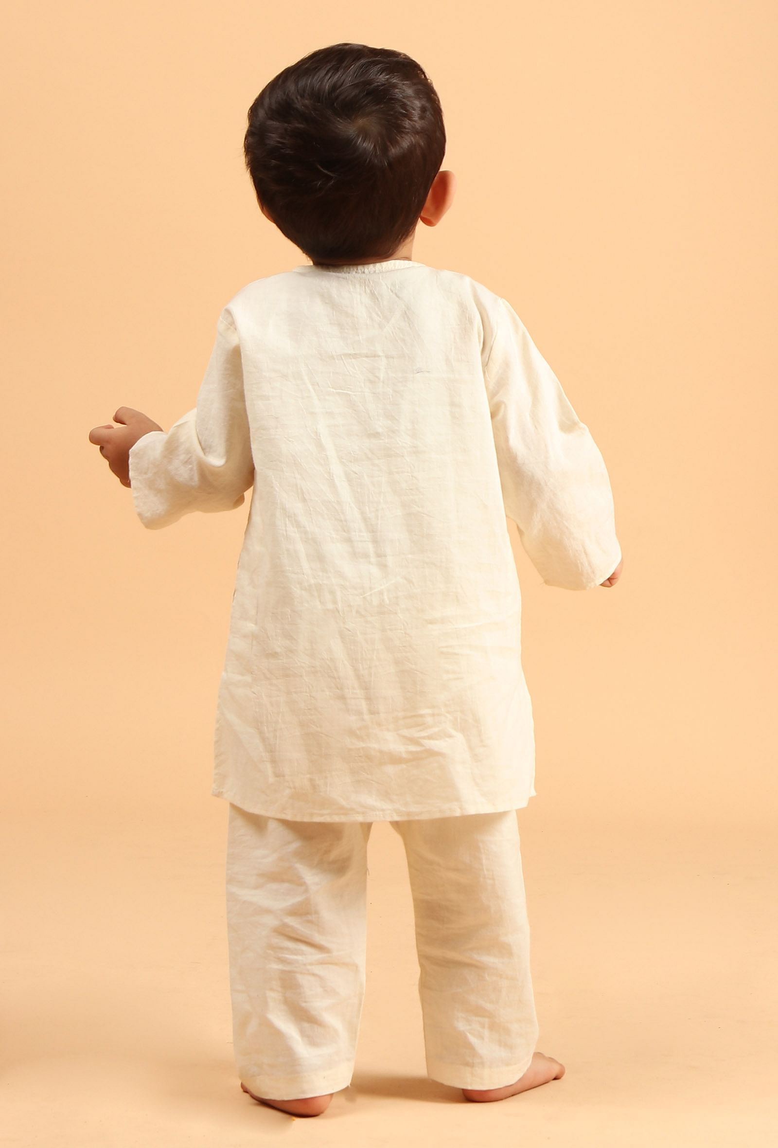 Set Of 3: Neil Off White Cotton Kurta, Pyjama & Khaki Ajrakh Print Jacket