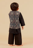 Set Of 3: Rafi Black Cotton Kurta, Pyjama & Indigo Ajrakh Print Nehru Jacket