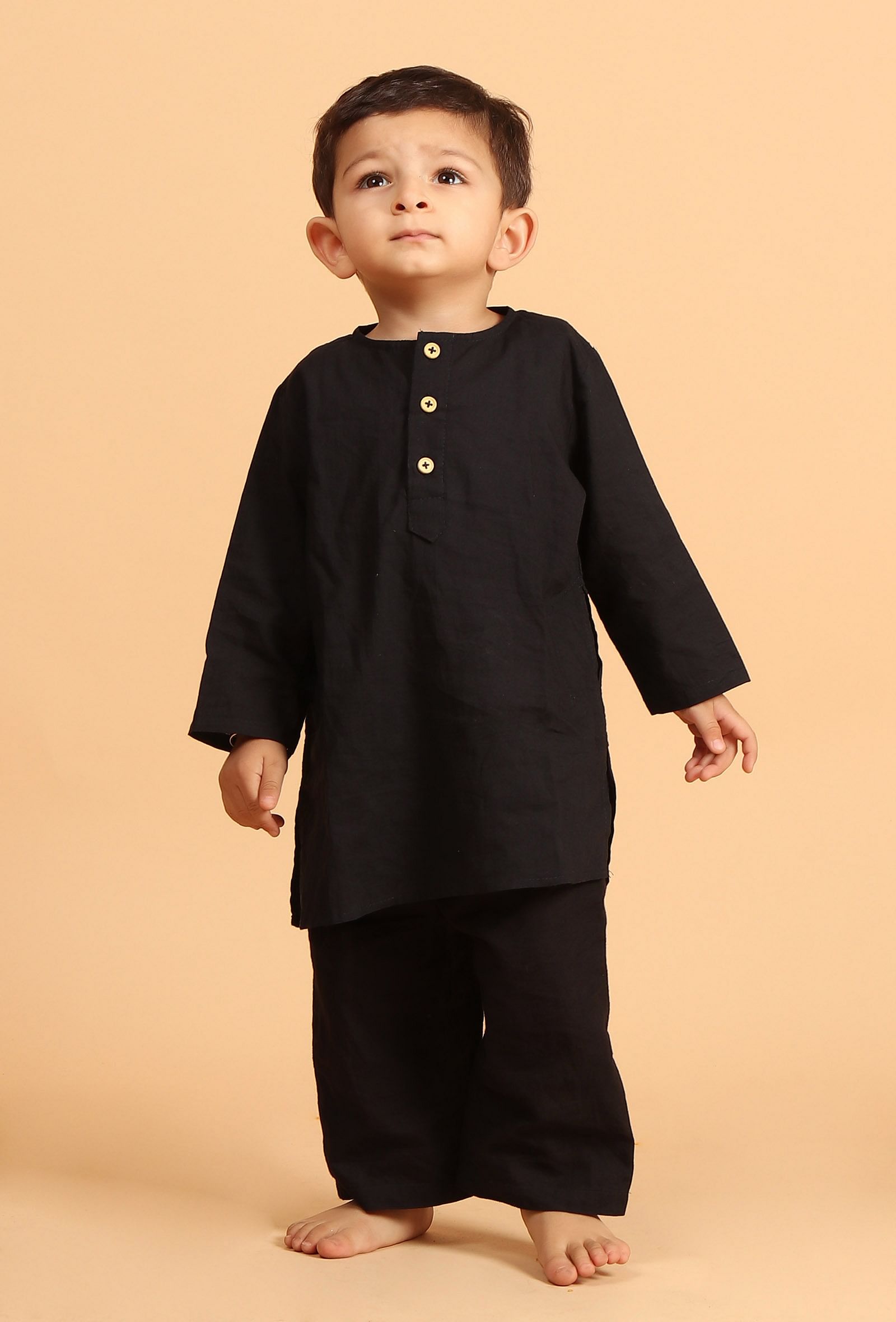 Set Of 3: Rafi Black Cotton Kurta, Pyjama & Indigo Ajrakh Print Nehru Jacket