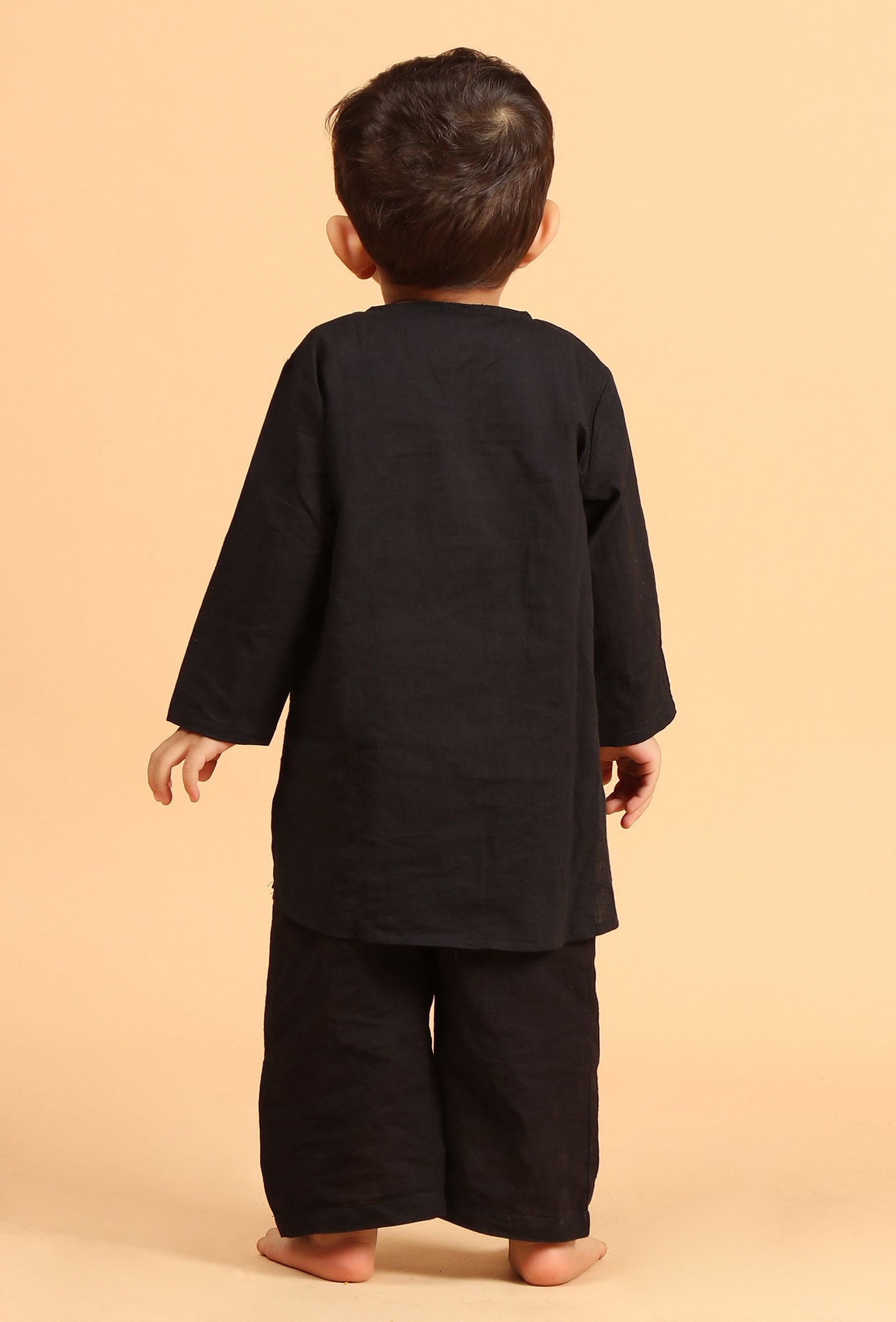 Set Of 3: Rafi Black Cotton Kurta, Pyjama & Indigo Ajrakh Print Nehru Jacket