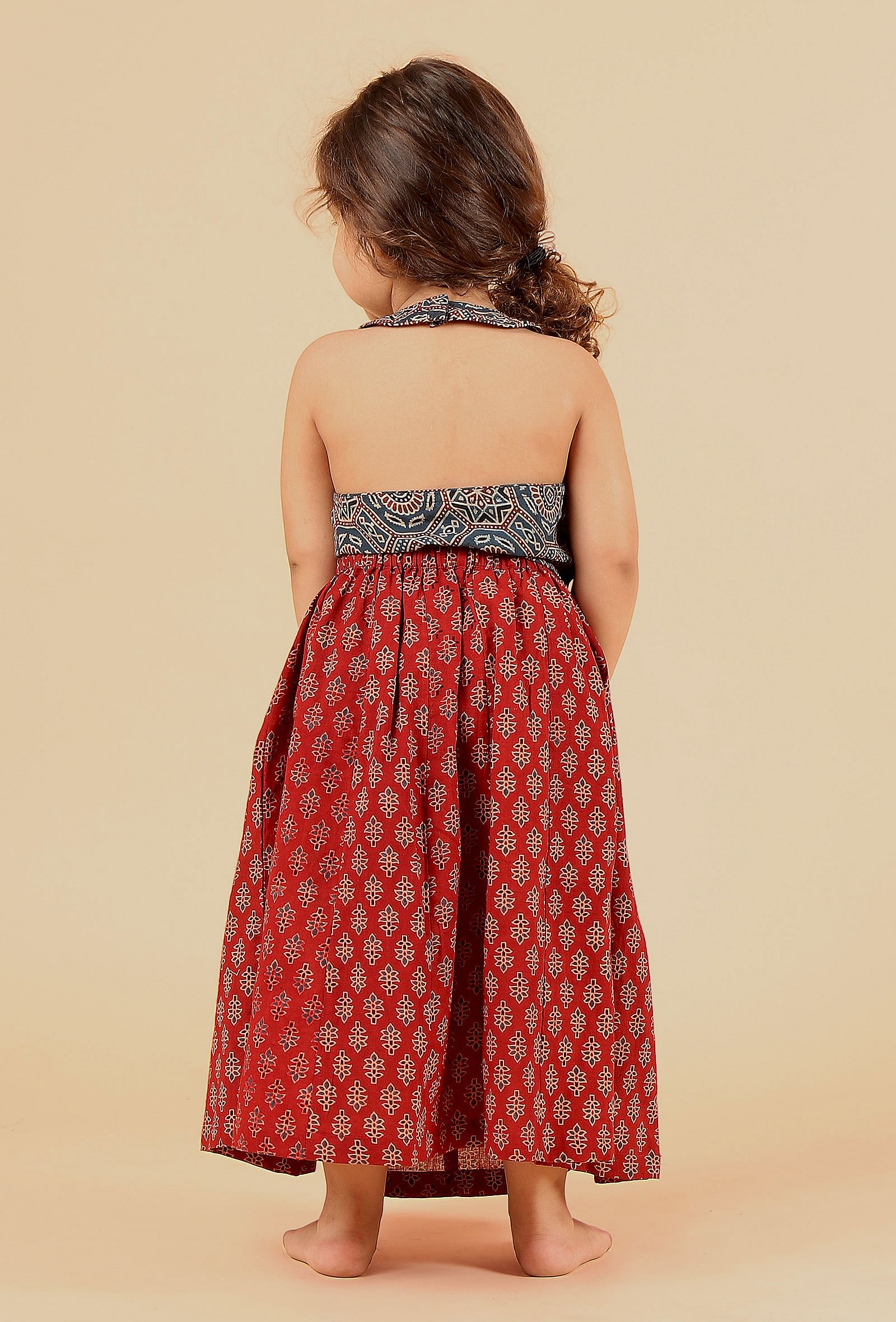 Set Of 2: Luna Indigo Ajrakh Print Cotton Top & Madder Red Skirt