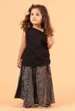 Set Of 2: Ida Black Cotton Kurta & Indigo Multi Ajrakh Print Panel Skirt