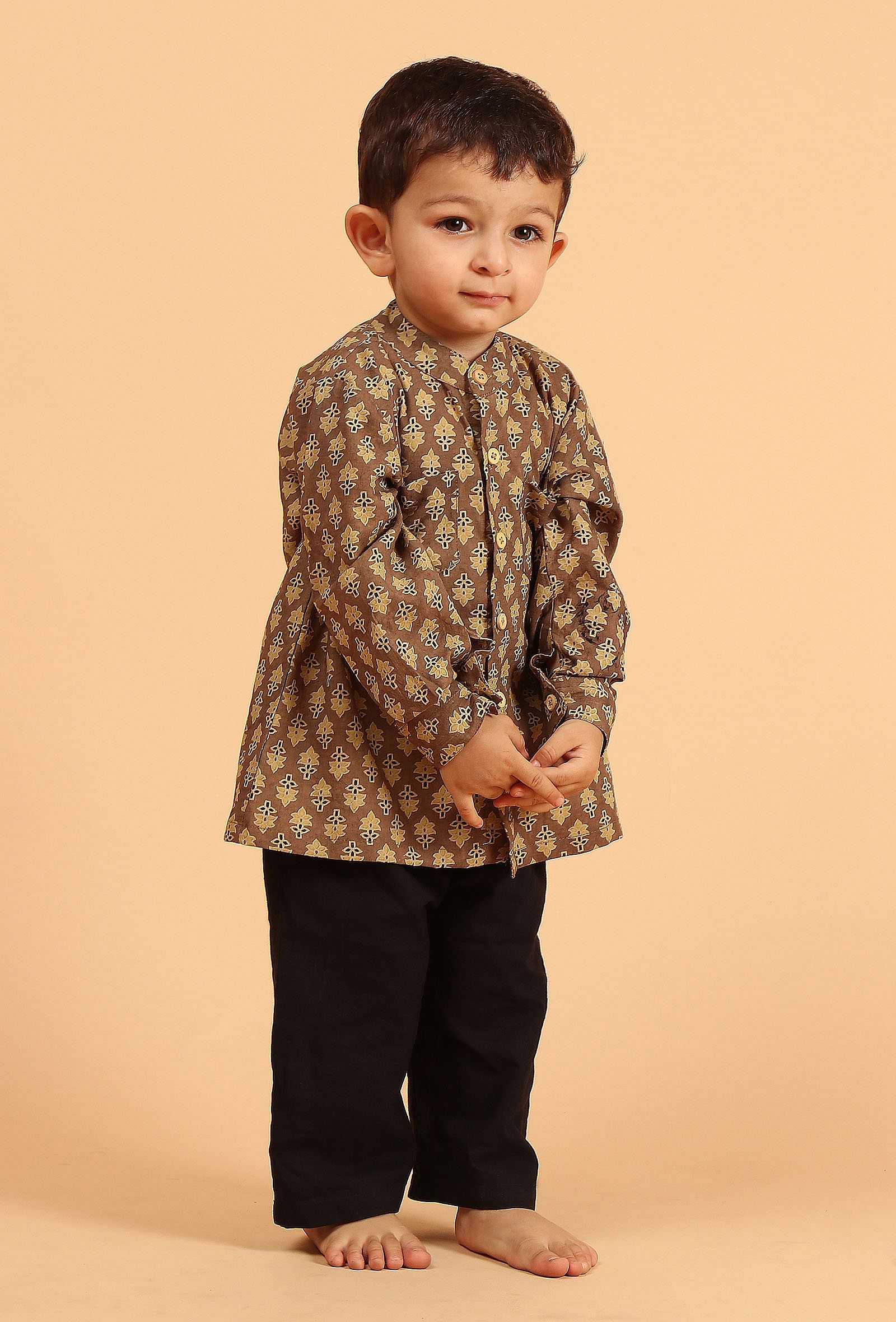 Set of 3: Jivin Khaki Cotton Kurta, Black Pyjama & Khaki Ajrakh Print Jacket