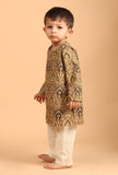 Set Of 2: Azad Khaki Ajrakh Print Cotton Kurta & Off White Pyjama