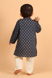 Set Of 2: Shlok Indigo Ajrakh Print Cotton Kurta & Off White Pyjama
