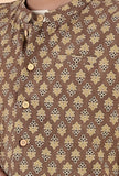 Enzo Khaki Ajrakh Print Cotton Nehru Jacket