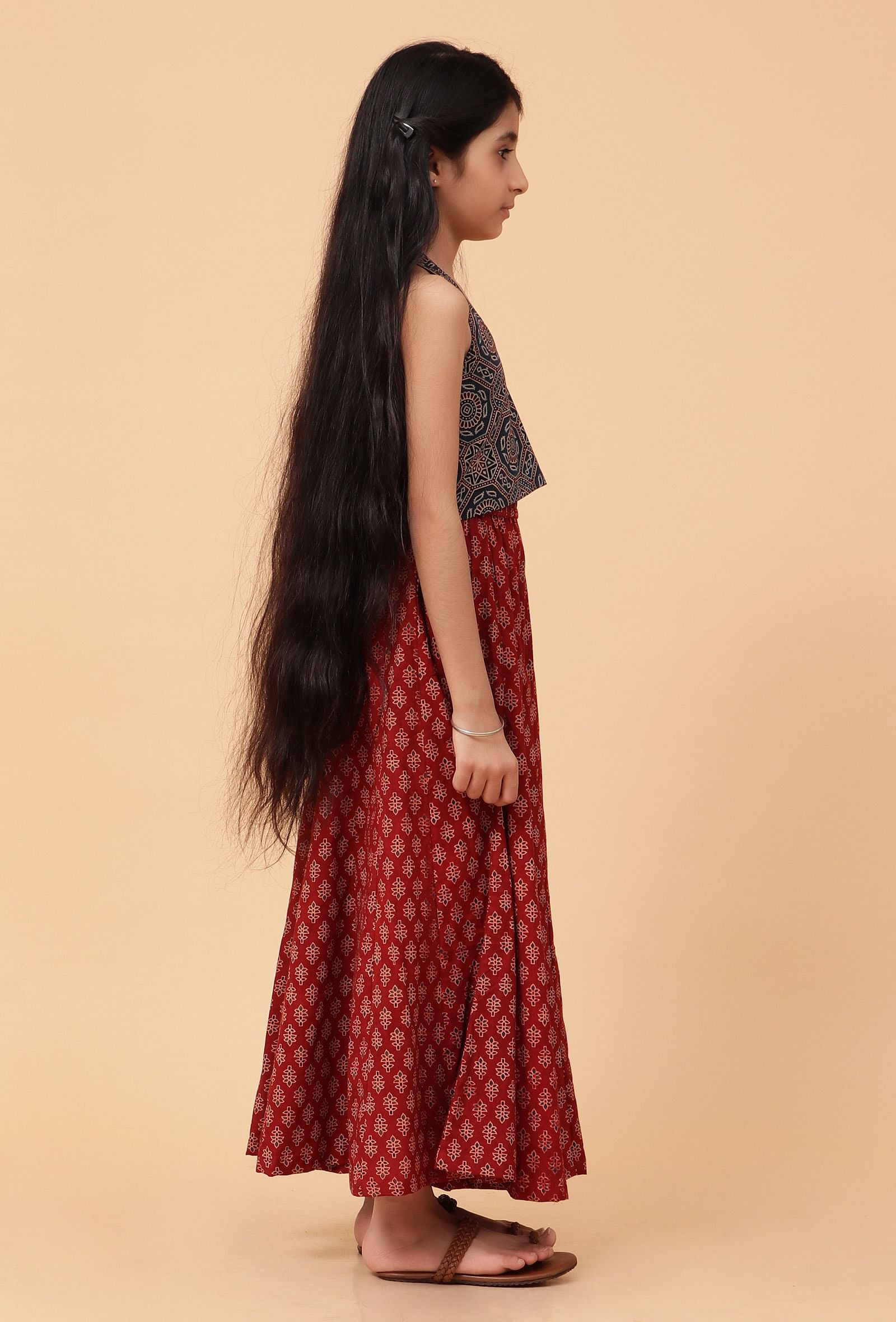 Set Of 2: Ana Indigo Ajrakh Print Cotton Top & Madder Red Skirt