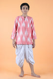 Set Of 2- Pink Ikat Cotton Kurta & White Dhoti Pants