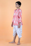 Set Of 2- Pink Ikat Cotton Kurta & White Dhoti Pants