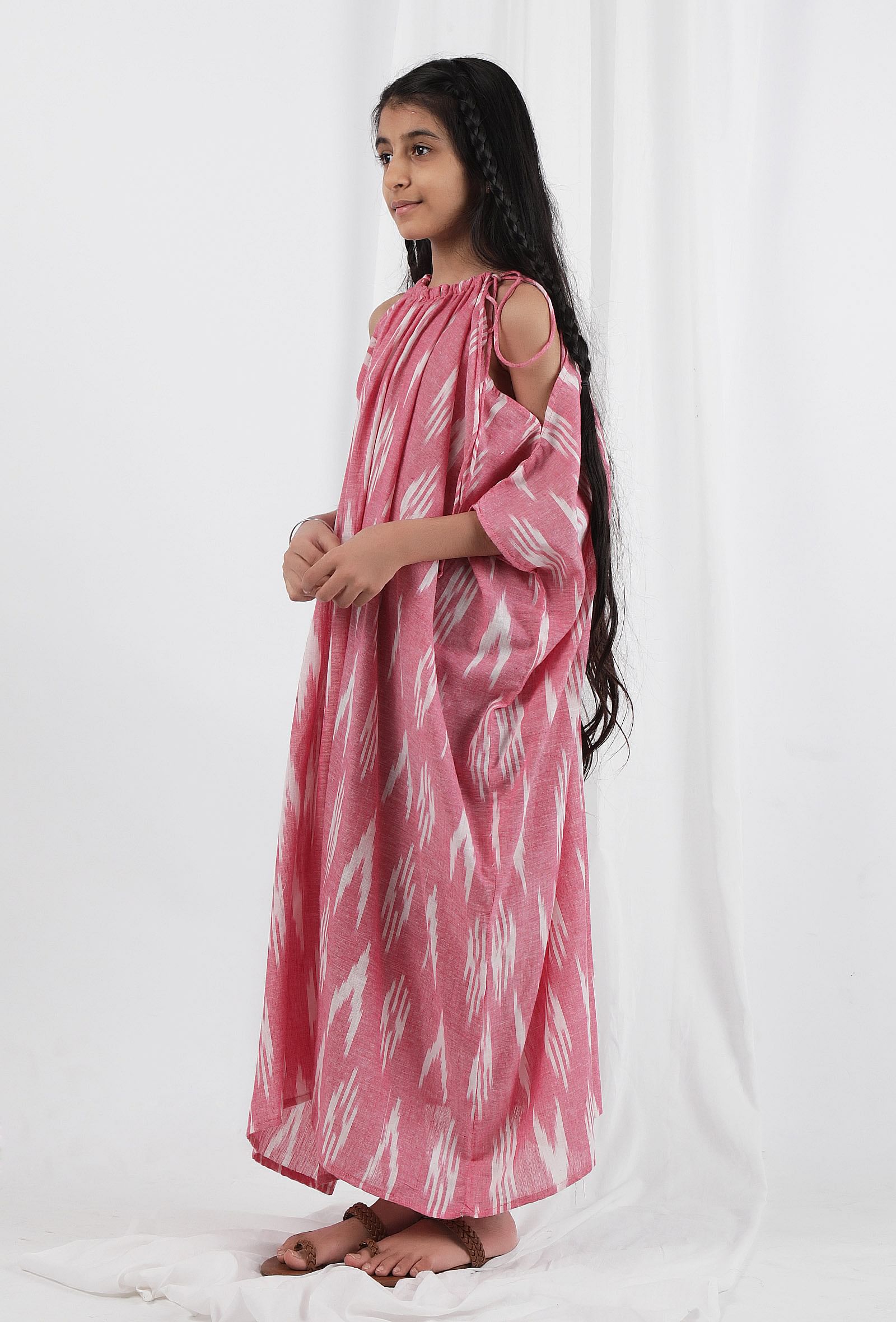 Pink Ikat Tie Up Kaftan Cotton Dress