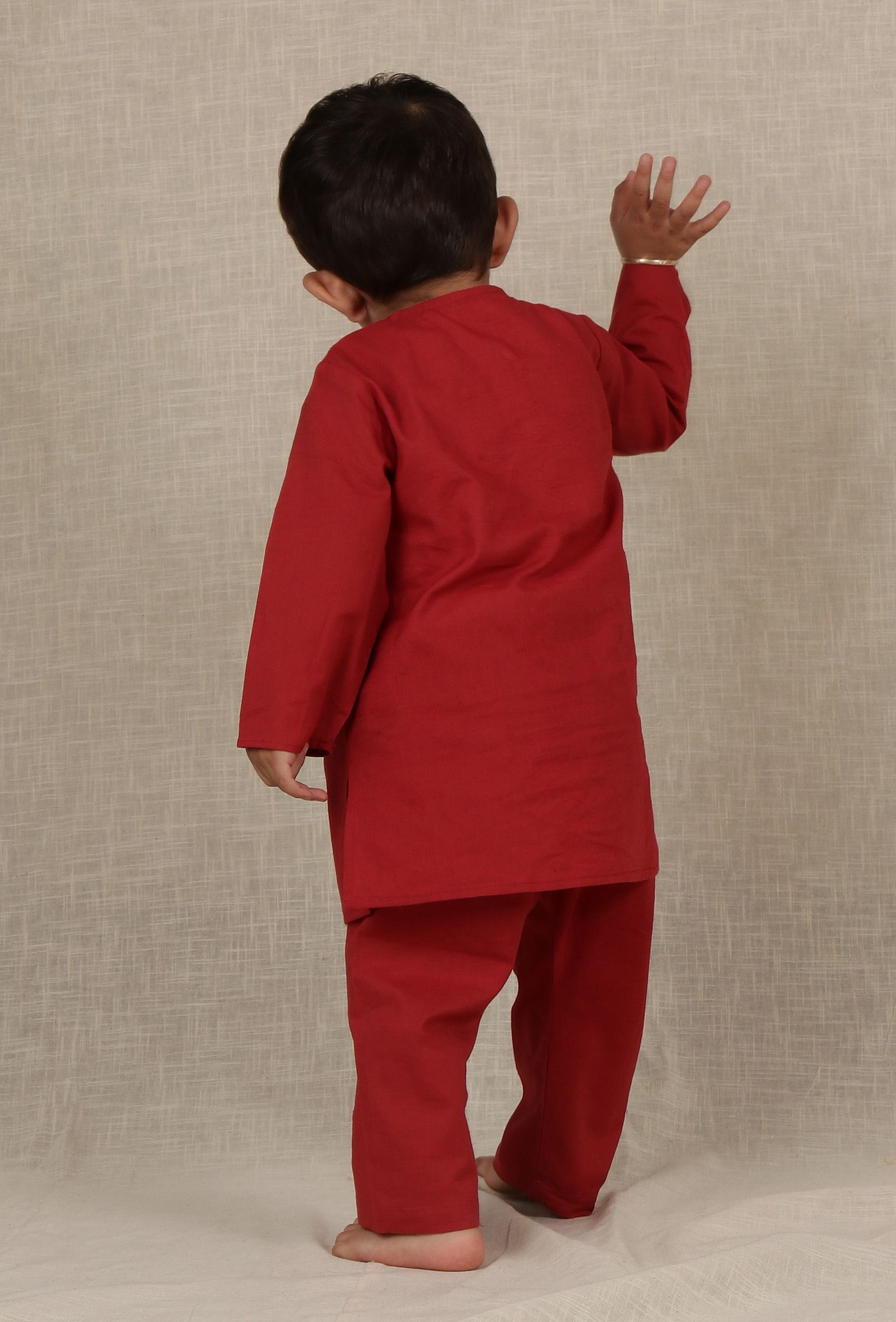 Set Of 3: Ahim Maroon Red Cotton Kurta, Pyjama With Kalamkari Nehru Jacket