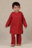 Set Of 3: Aadyot Maroon Red Cotton Kurta, Pyjama With Kalamkari Nehru Jacket