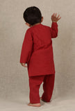 Set Of 3: Aadyot Maroon Red Cotton Kurta, Pyjama With Kalamkari Nehru Jacket