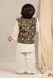 Set Of 3: Idhant Off-white Cotton Kurta & Pyjama & Black Kalamkari Printed Nehru Jacket