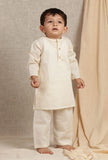 Set Of 3: Angad Off-white Cotton Kurta, Pyjama & Beige Cream Kalamkari Nehru Jacket