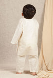 Set Of 3: Angad Off-white Cotton Kurta, Pyjama & Beige Cream Kalamkari Nehru Jacket